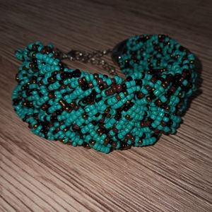 Cerulean blue aqua and brown beaded bracelet Statwment cuff boho